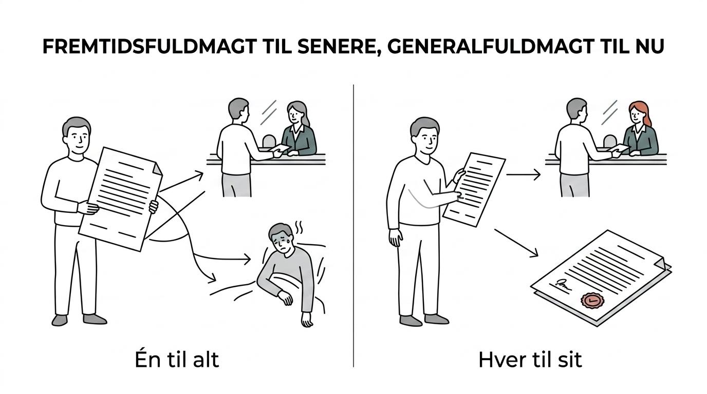 Sammenligning af fremtidsfuldmagt og generalfuldmagt med forskelle i tidspunkt, formål, formkrav og ikraftsættelse.