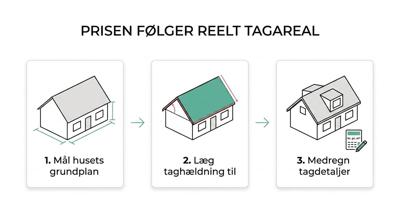 Diagram, der viser et huss grundplan, en skrå tagflade på cirka 175 kvadratmeter og ekstra tagdetaljer, som øger pris og kompleksitet.