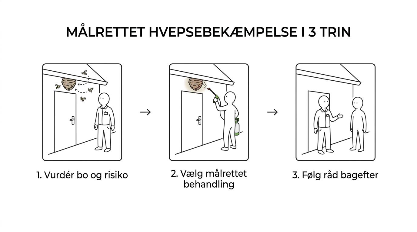Illustration af en hvepsebekæmpelsesproces med vurdering af boets placering, målrettet behandling og efterfølgende rådgivning.