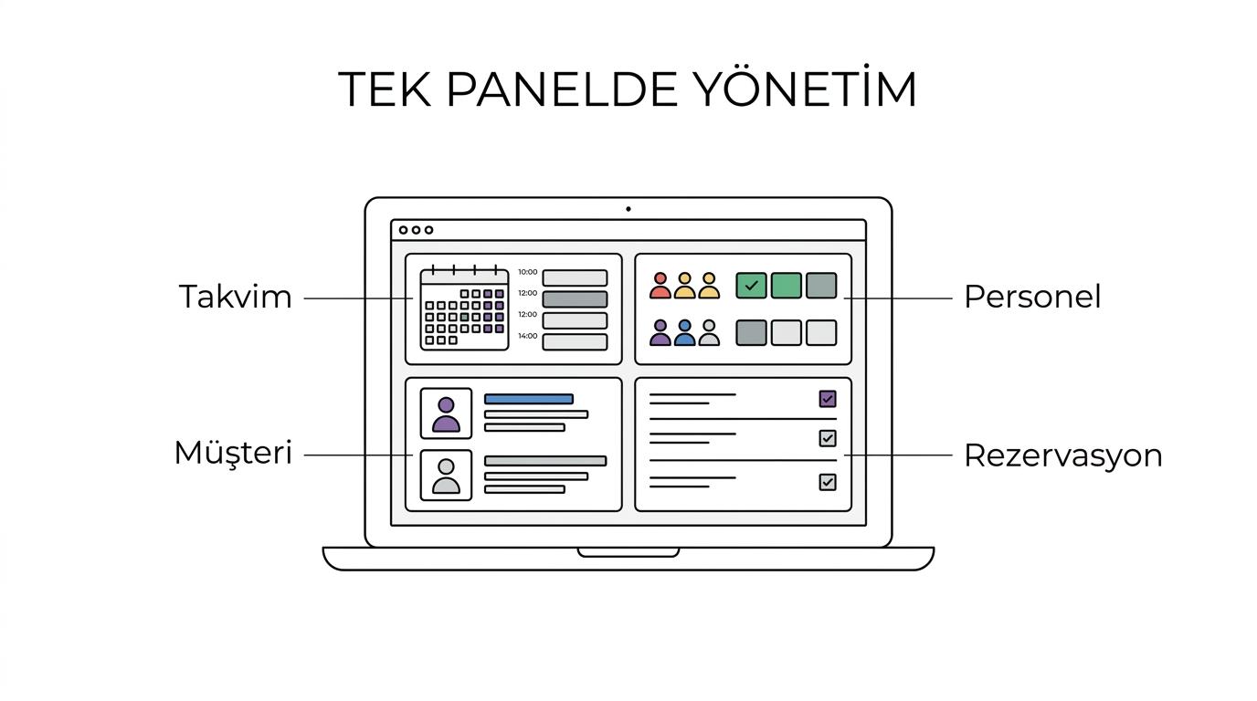 Randevu, müşteri, personel, online rezervasyon, hatırlatma ve raporlamayı tek panel altında gösteren şematik bir işletme yönetim diyagramı.