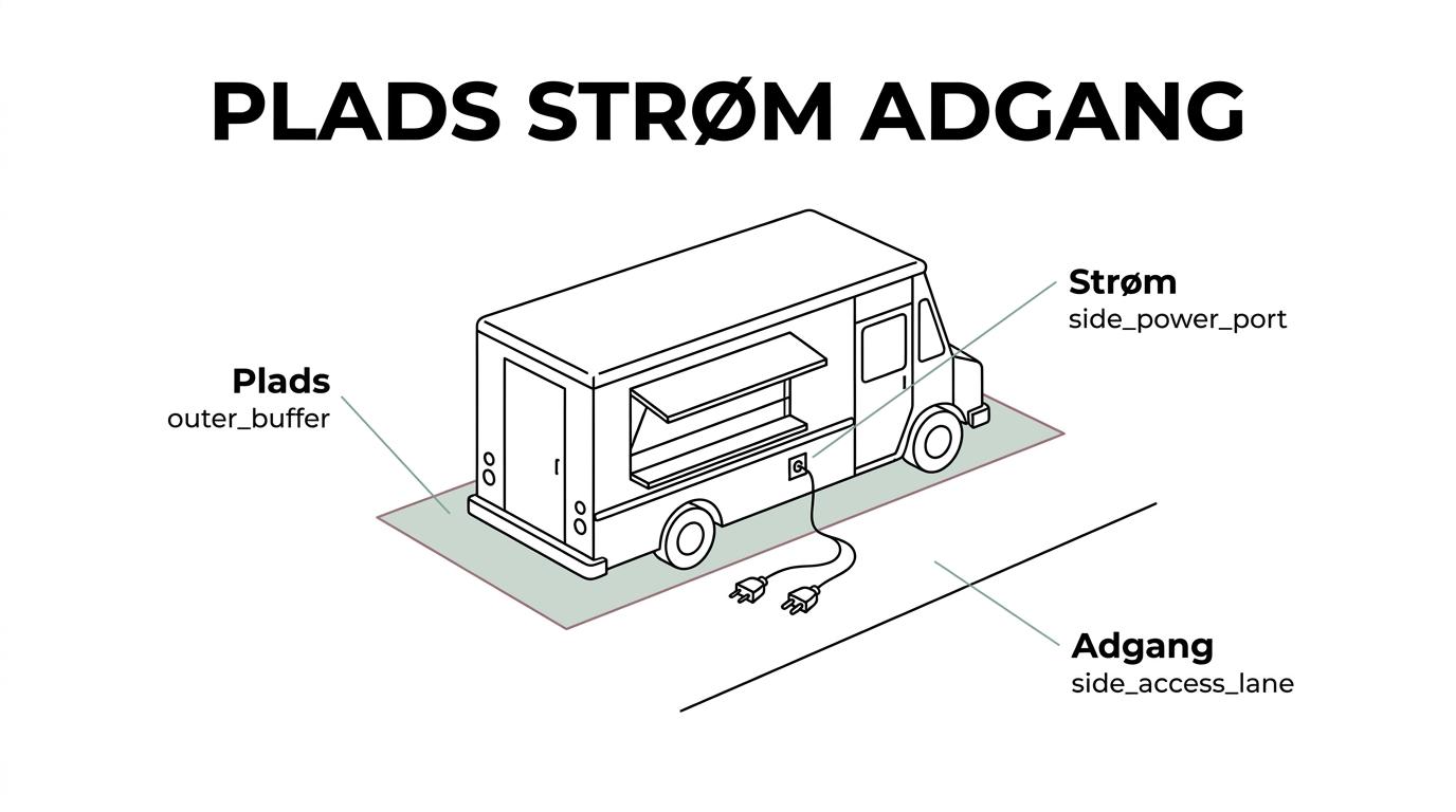 Labeled diagram of a foodtruck event setup showing the truck, serving side, two 220V power points, guest queue, access route, and a 3-meter fire lane.