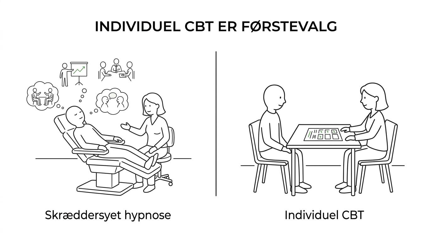 Side om side-visning af Klinik Careteams skræddersyede hypnoseforløb og individuel CBT som officielt anbefalet førstevalg ved social angst.