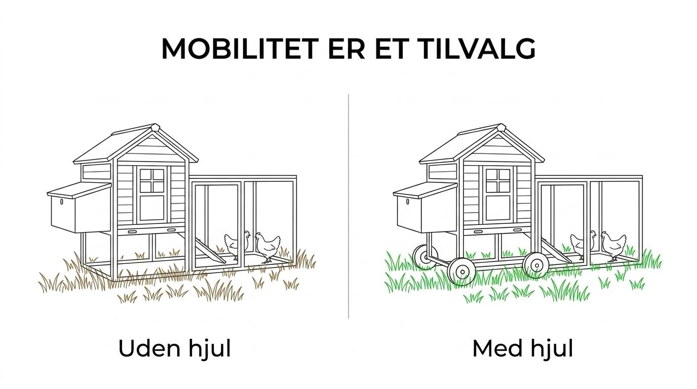 Sammenligning af et hønsehus uden hjul og det samme hønsehus med hjul, med forskel i mobilitet og pris vist side om side.