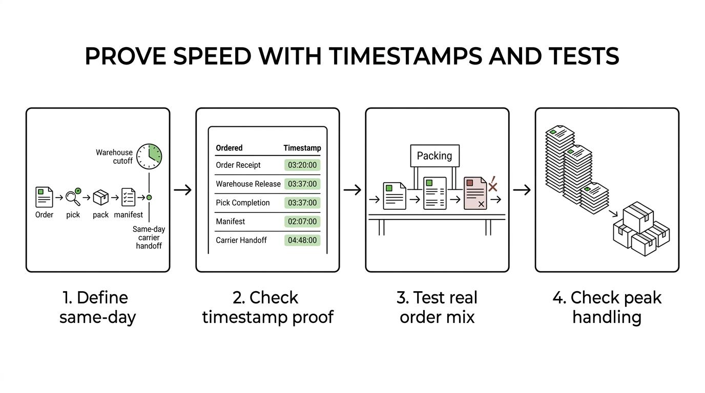 Step-by-step flow showing how a brand verifies a 3PL’s same-day fulfillment claim using SLA definitions, timestamped reports, live test orders, and peak-volume checks.