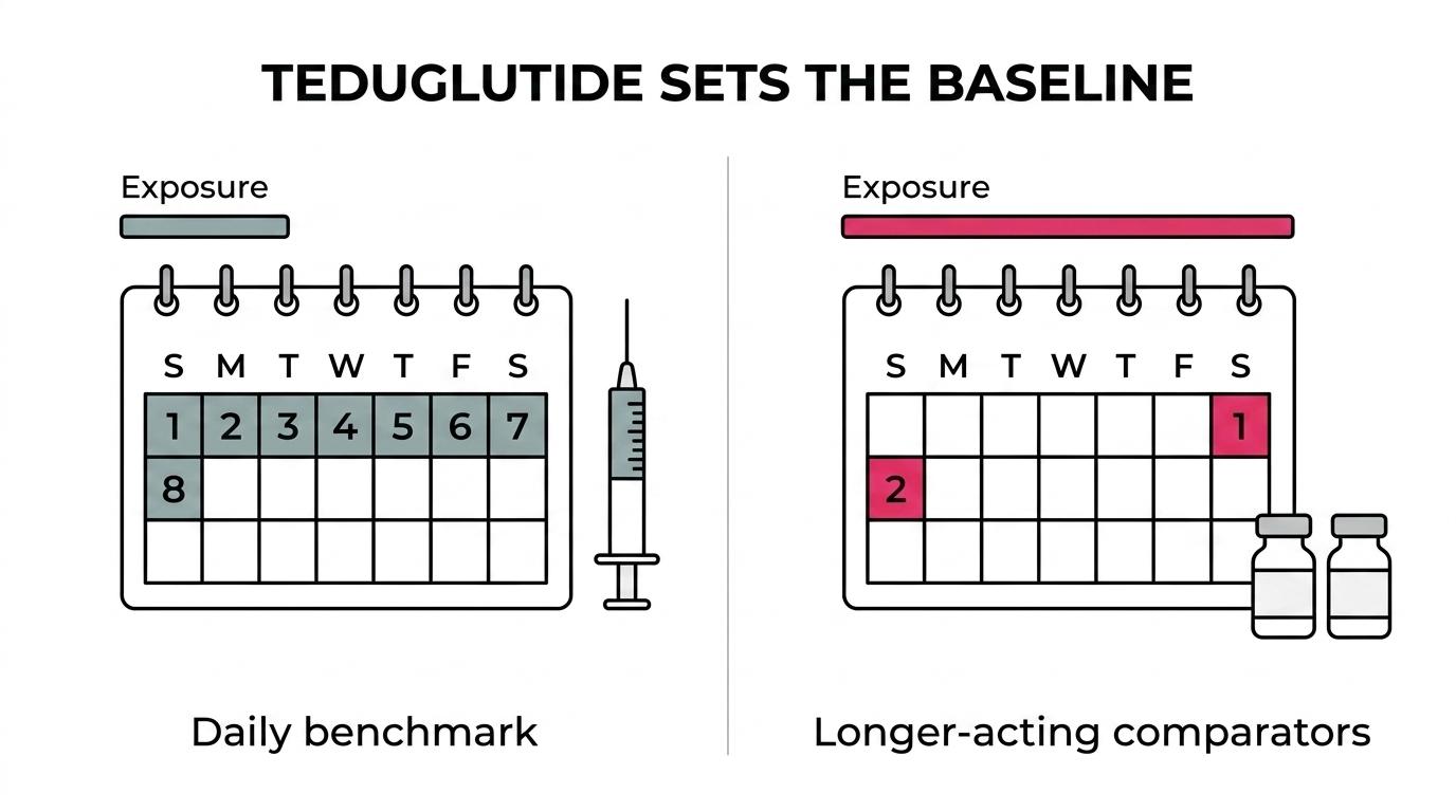 Side-by-side comparison of teduglutide, apraglutide, and glepaglutide showing approval status, dosing cadence, and longer-acting profile.