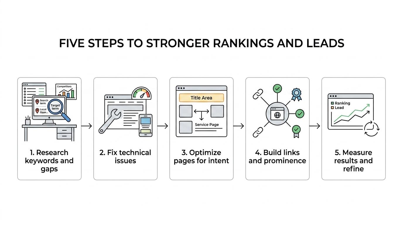 Five-step SEO framework showing research and strategy, technical SEO, on-site optimization, authority building, and measurement and refinement.