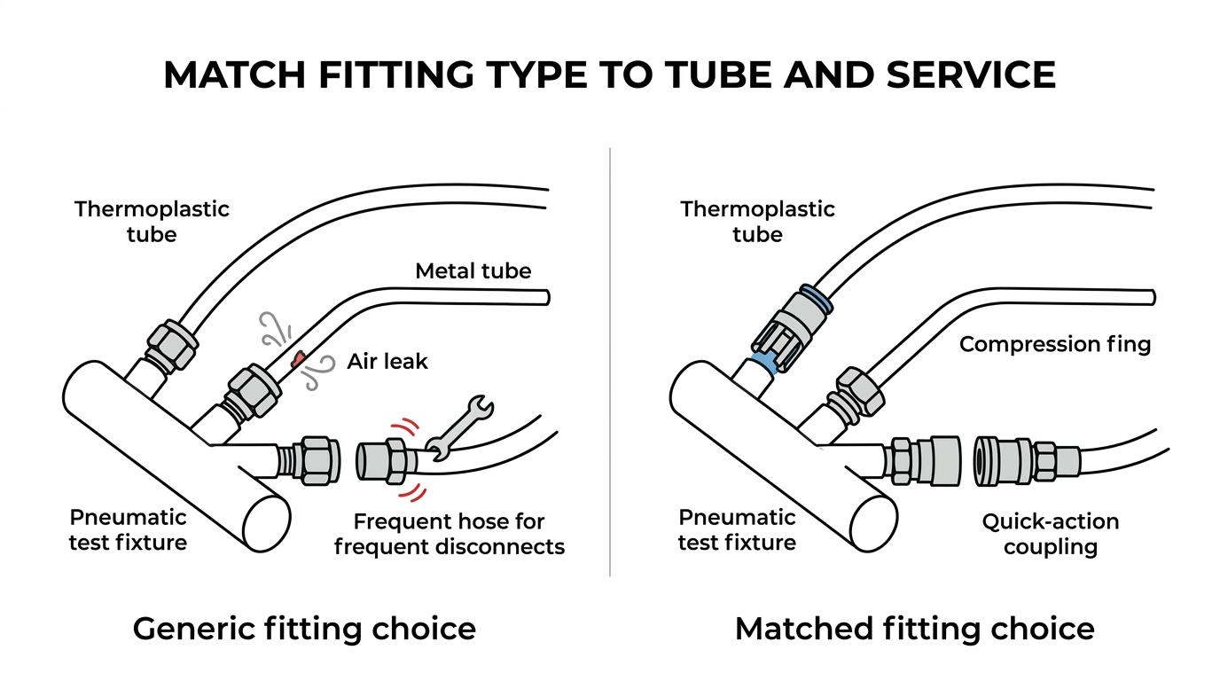 Side-by-side comparison of push-in, compression, inverted flare, and quick-action fittings with their best-use cases in pneumatic test fixtures.