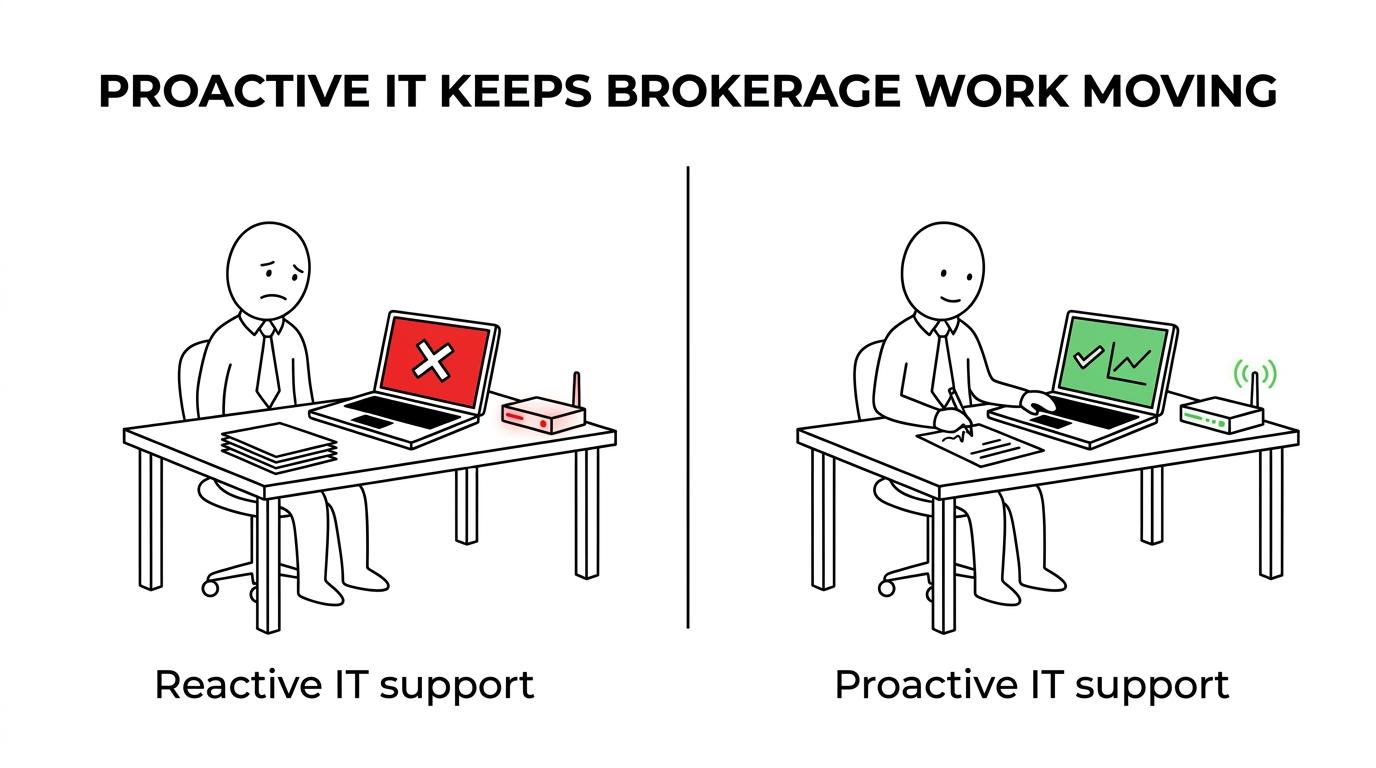 Side-by-side comparison of a brokerage struggling with IT outages and delays versus a brokerage running smoothly with monitored, secure systems.