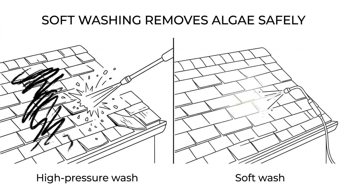 Roof Soft Washing: 6 Benefits for Older Shingles Now 1 Side-by-side comparison of soft washing and power washing on an older asphalt shingle roof.