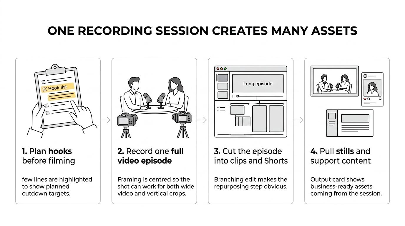 Flow diagram showing one podcast recording session turning into a full YouTube episode, short clips, Shorts, and still images.