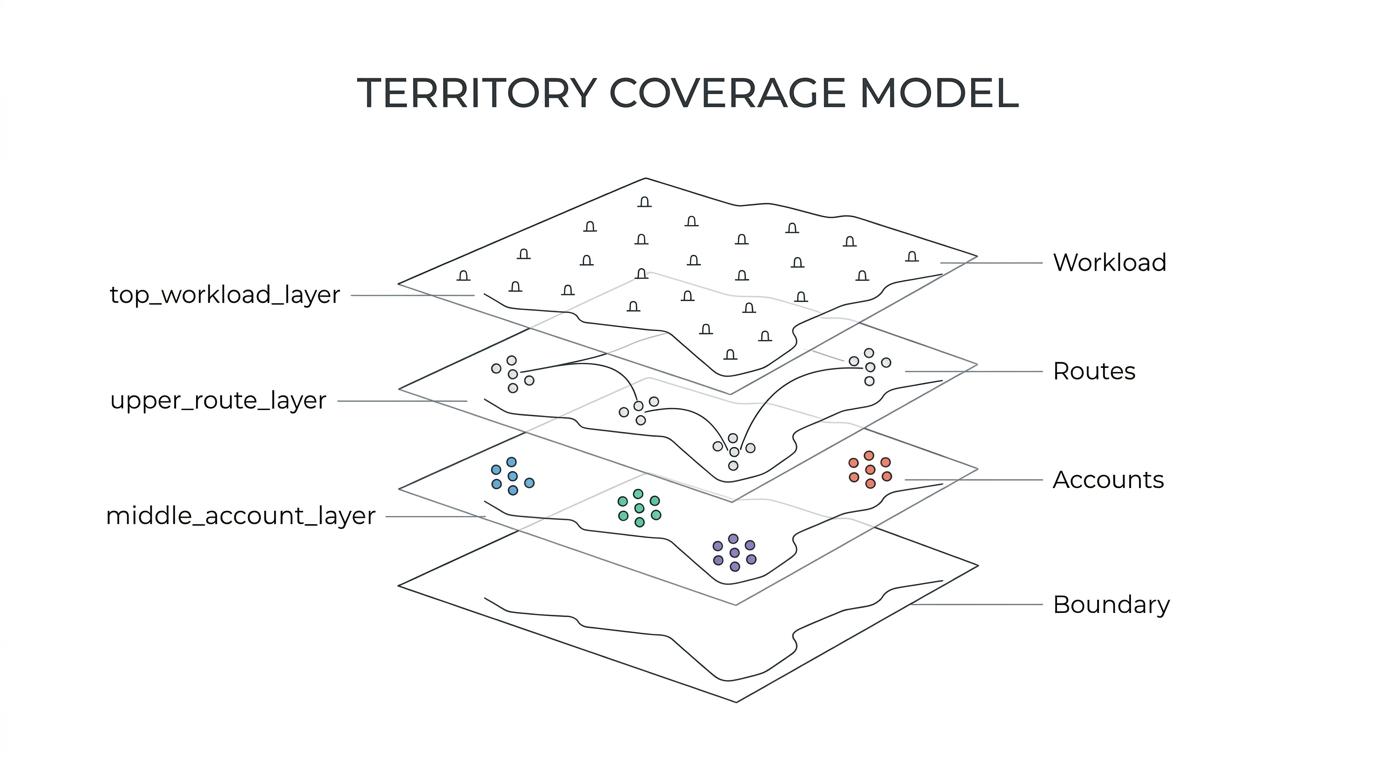 Labeled sales territory map showing customer locations, drive-time bands, account segments, rep ownership areas, and workload indicators.