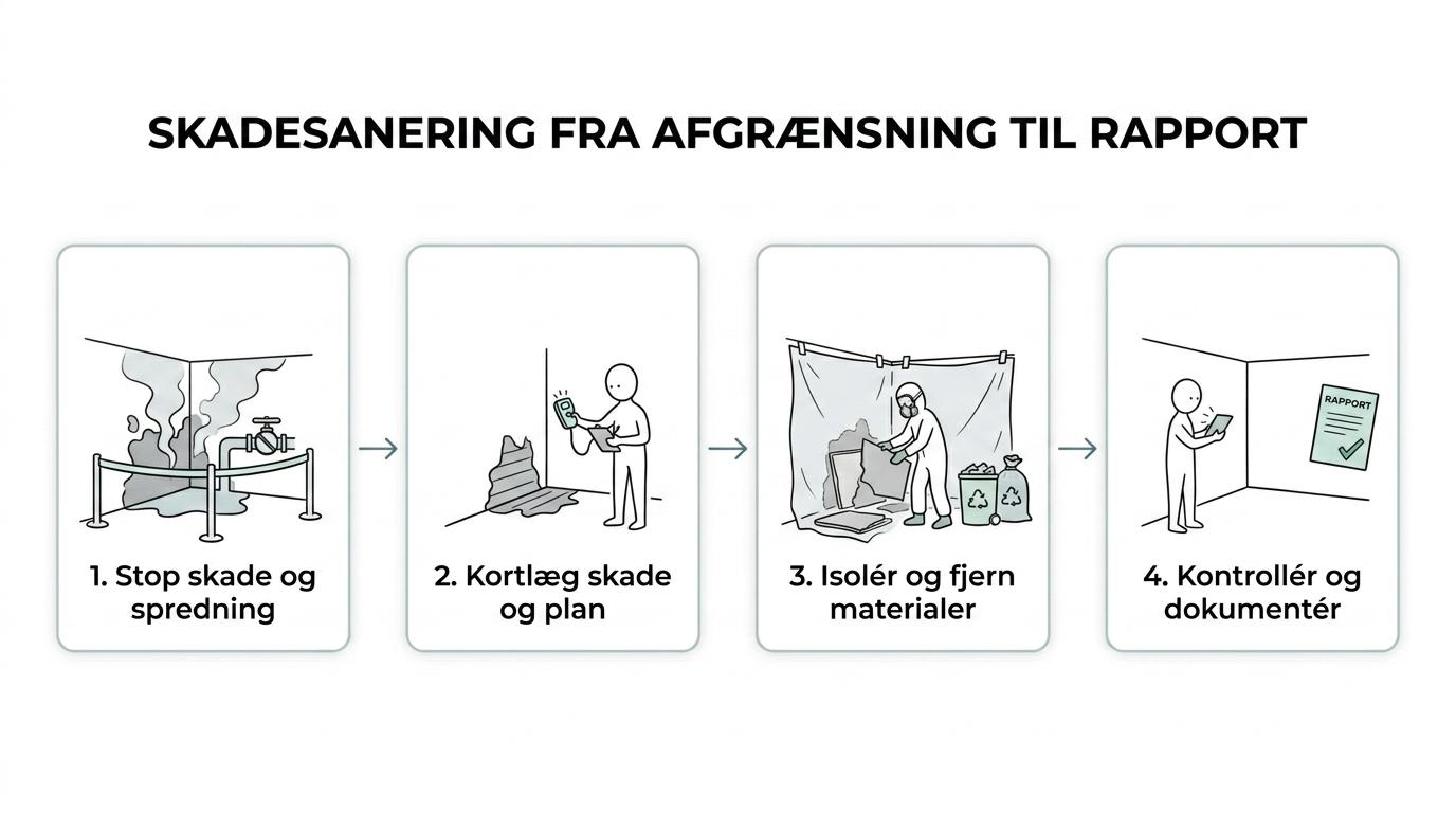 Procesdiagram over de syv typiske trin i skadesanering fra akut afgrænsning til bortskaffelse og dokumentation.