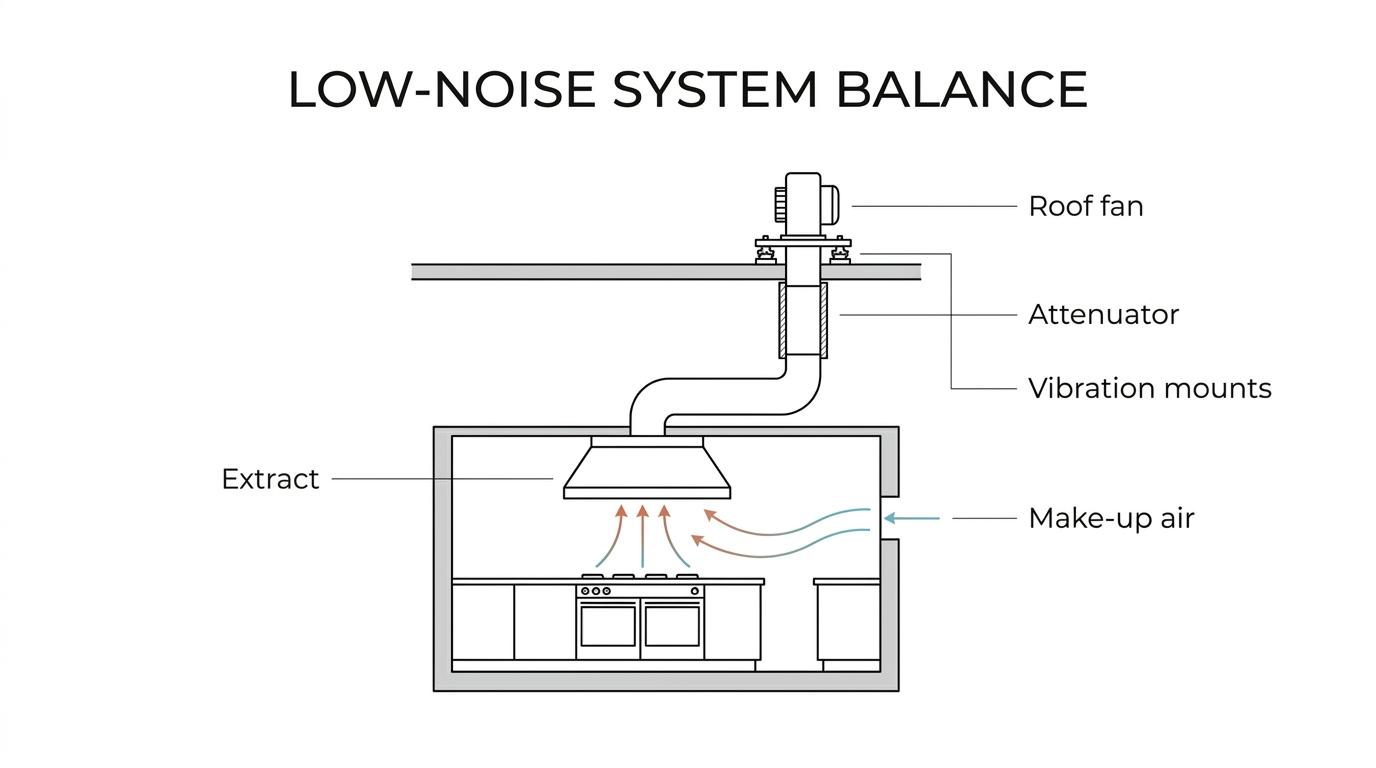 Labeled diagram of an open restaurant kitchen ventilation system showing canopy, ductwork, make-up air, roof fan, attenuator, and vibration mounts.