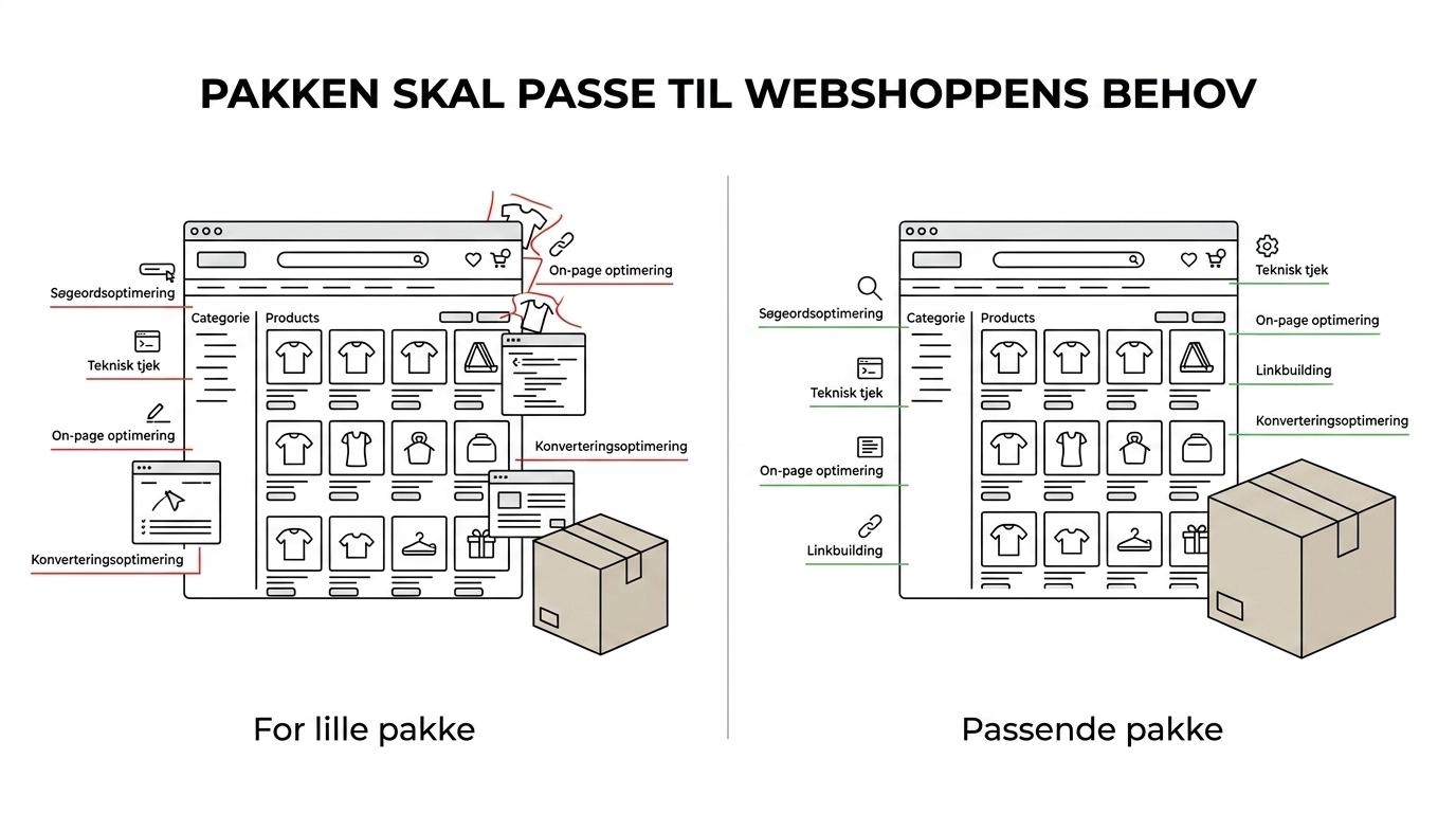 Sammenligning af SEO-pakkerne Basis, Standard og Pro med månedlig pris, antal timer og typiske webshopbehov.
