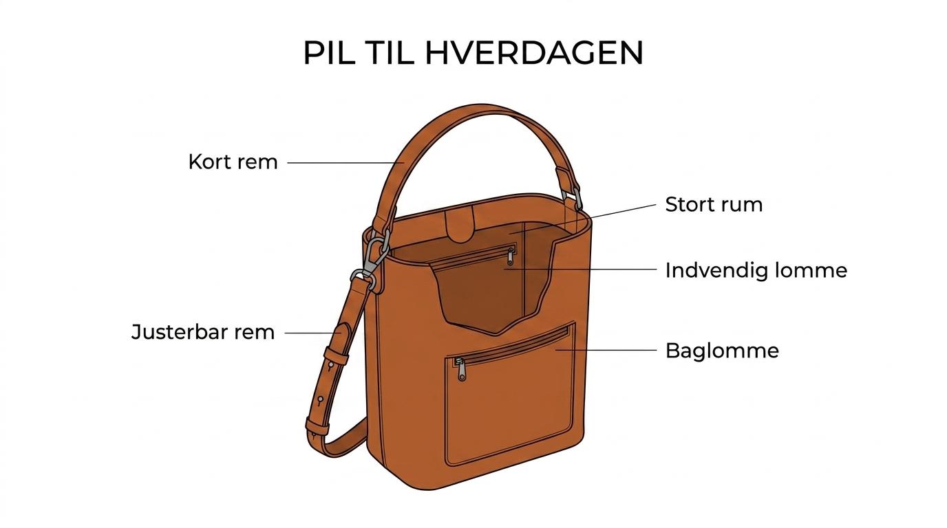 Belsac Creative bucket bags i læder til hverdagen 1 Labeled leather bucket bag showing short shoulder strap, detachable adjustable strap, large main compartment, inner zip pocket, hidden back zip pocket, and dimensions.