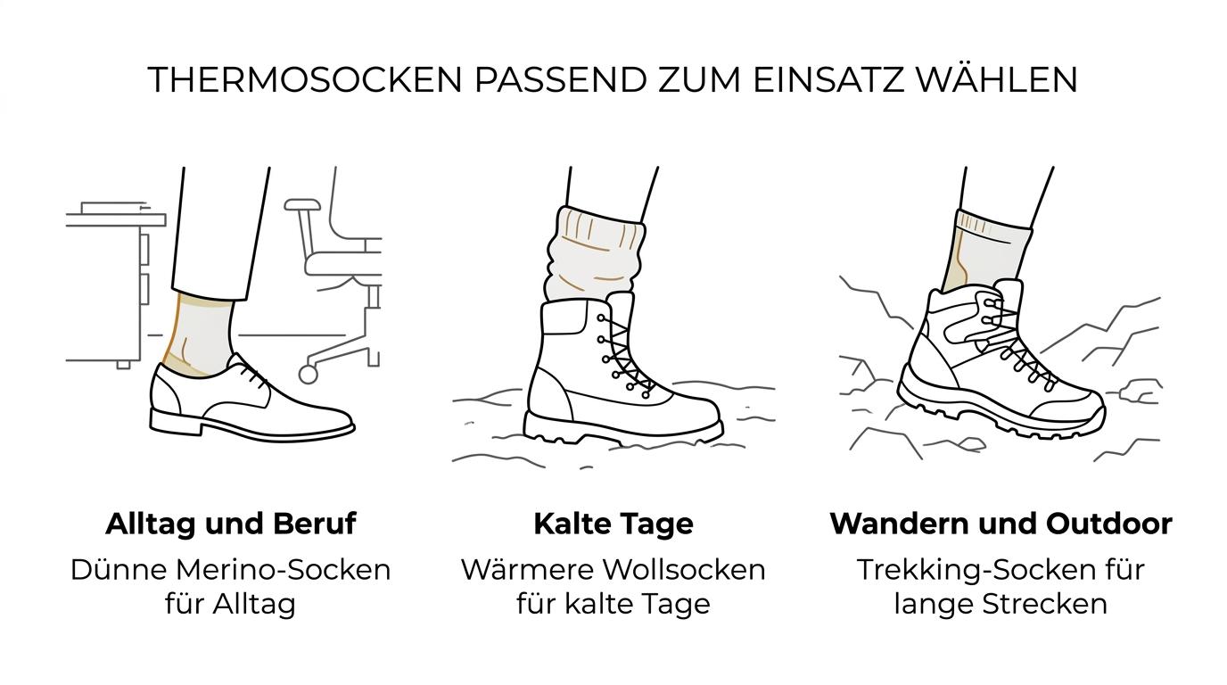 Übersicht mit Damen-Thermosocken-Typen für Alltag, Wintertage und Wandern mit Material- und Wärmeschwerpunkten.
