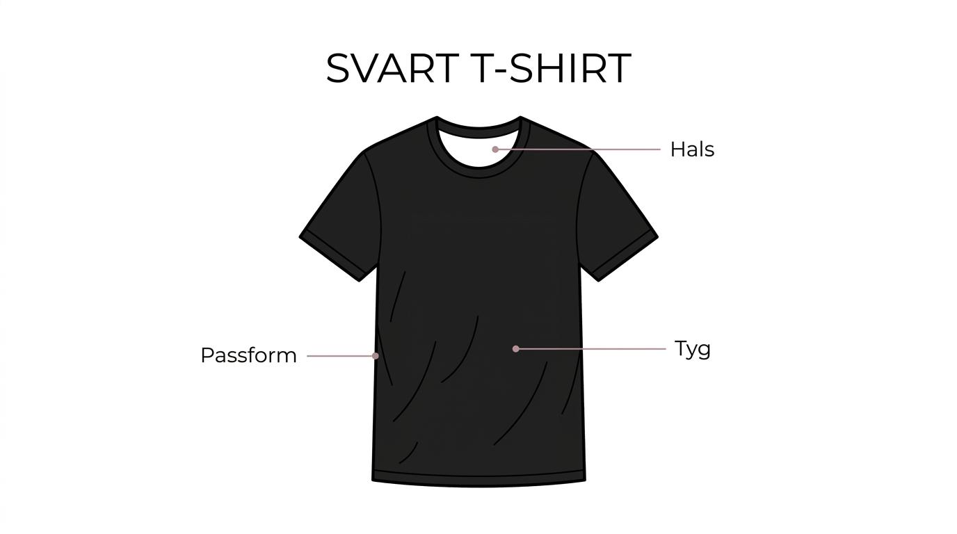 Illustration av en svart t-shirt med etiketter för passform, halsringning och tygvikt/fall.