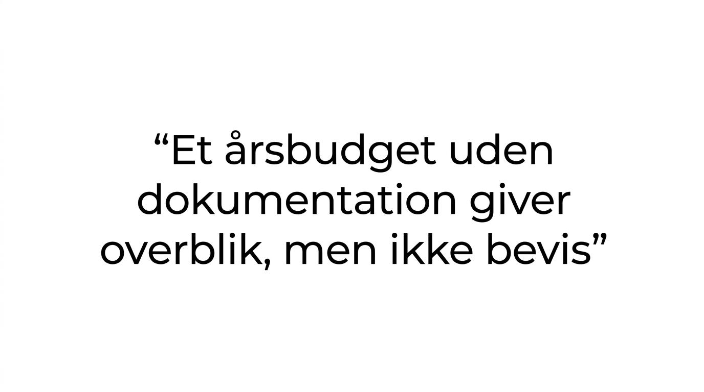 Citatgrafik med teksten: "Et årsbudget uden dokumentation giver overblik, men ikke bevis."
