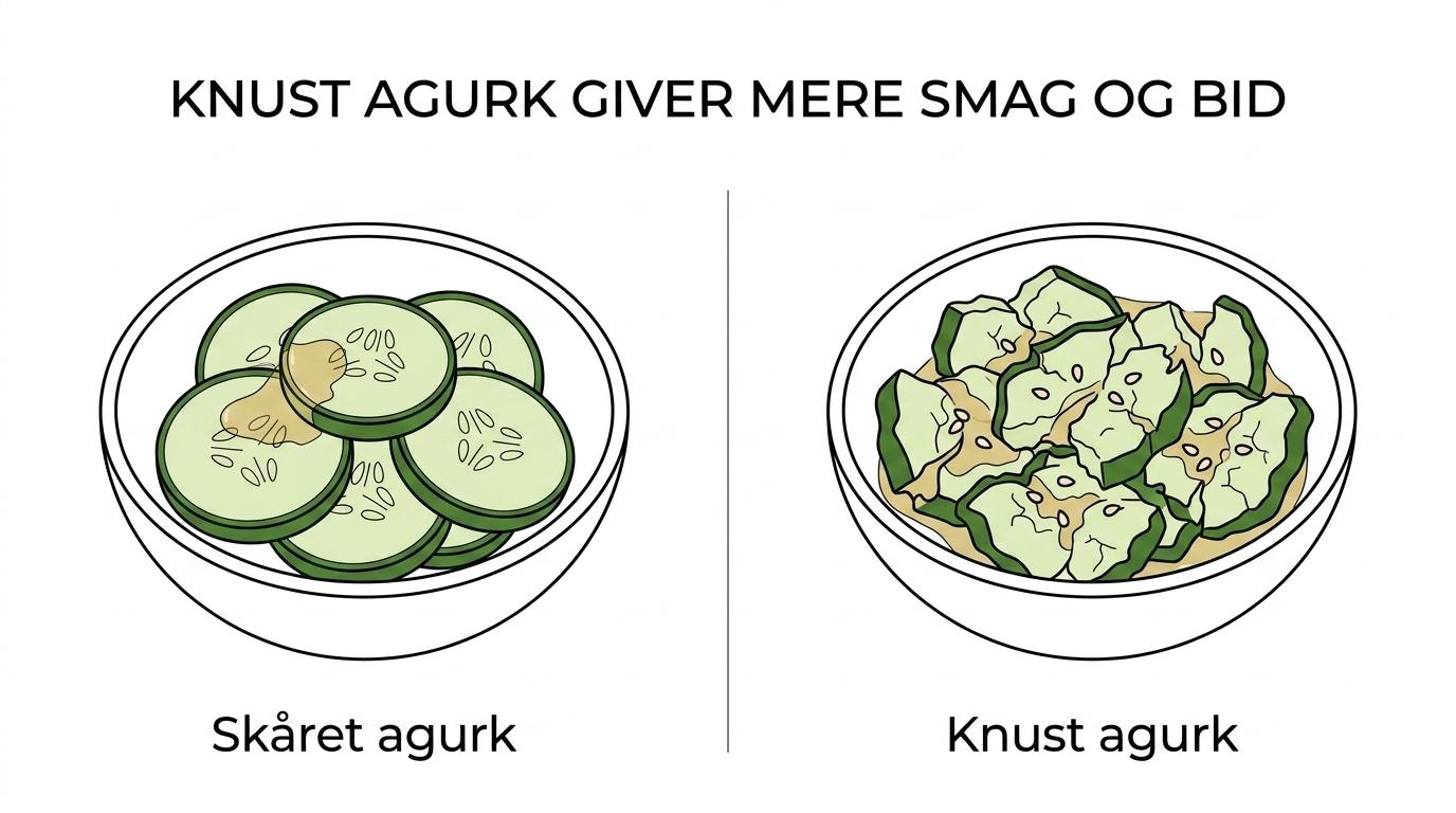Sammenligning af glatte agurkeskiver og knuste agurkestykker med dressing, der tydeligt hænger bedre fast på de knuste stykker.