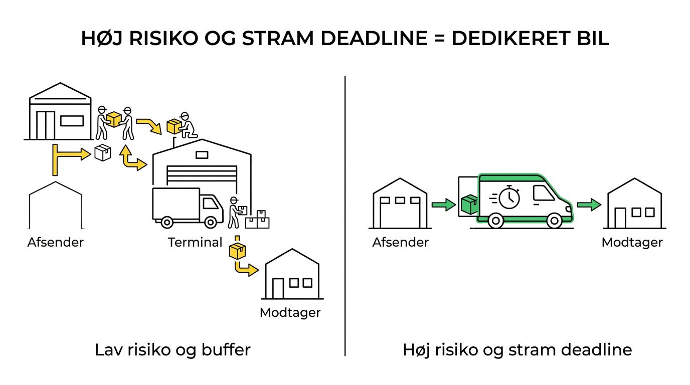 Sammenligning af dedikeret bil, samlast og faste linjebiler på leveringstid, håndteringer, fleksibilitet, ansvar og prisniveau.
