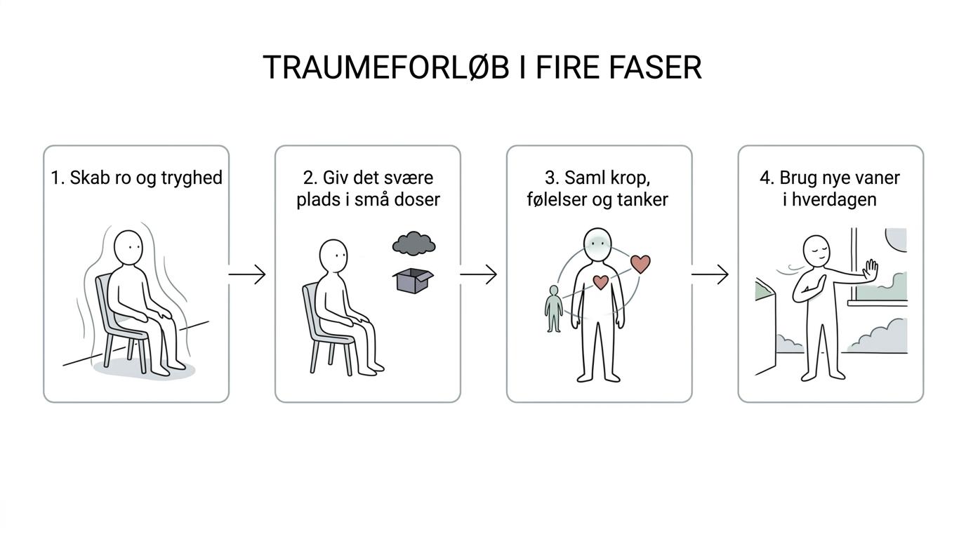 Illustration af et traumeterapeutisk forløb i fire faser: stabilisering, bearbejdning, integration og hverdagsforankring.