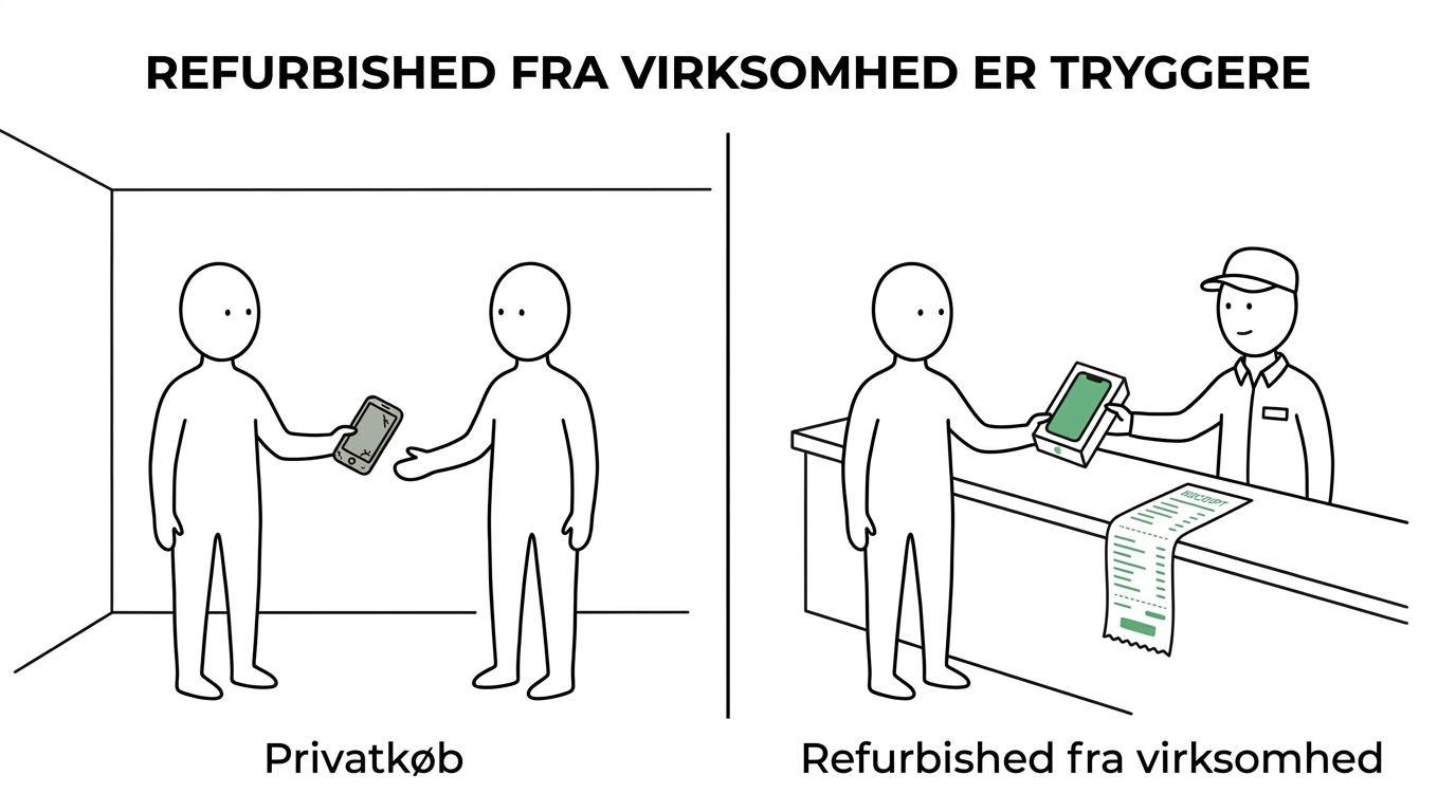 Side-by-side af en refurbished telefon med kvittering og tilbehør over for en privat solgt brugt telefon med manglende dokumentation.