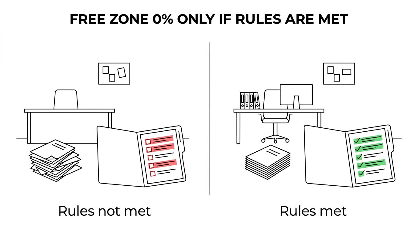 Side-by-side comparison of a qualifying free zone tax position at 0% versus a non-qualifying position exposed to 9% corporate tax.