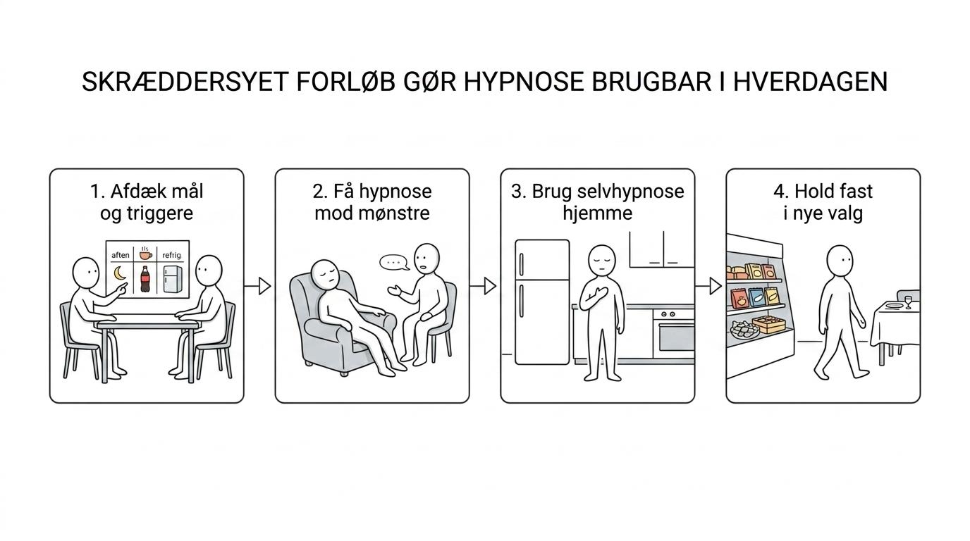 Flowdiagram med fire trin i et personligt vægttabsforløb med hypnose: afklaring, målrettet behandling, selvhypnose og løbende tilpasning.
