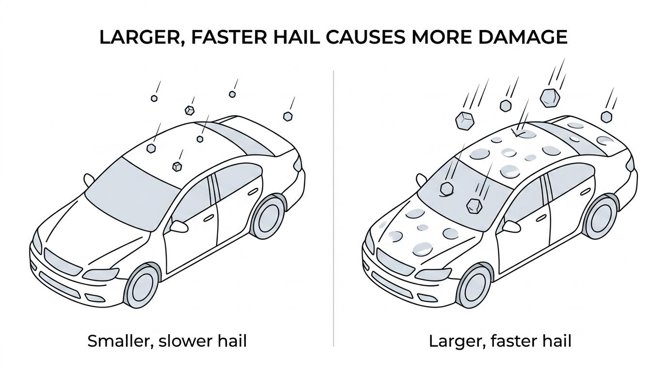Side-by-side car roof and hood panels showing faint small hail dimples on one side and larger visible dents on the other.