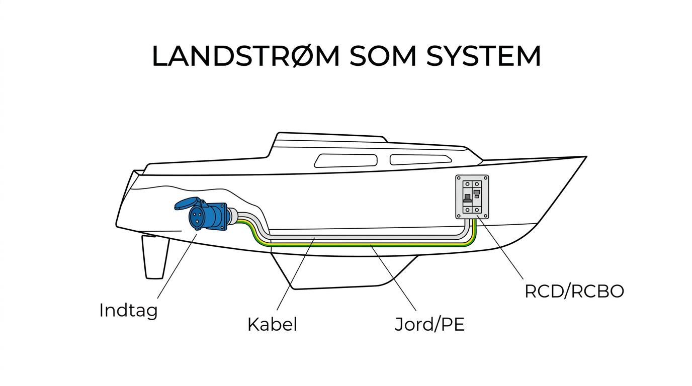 Diagram over et båd-landstrømssystem med marinaens blå CEE-tilslutning, kabel, landstrømsindtag, jordforbindelse og RCBO ombord.