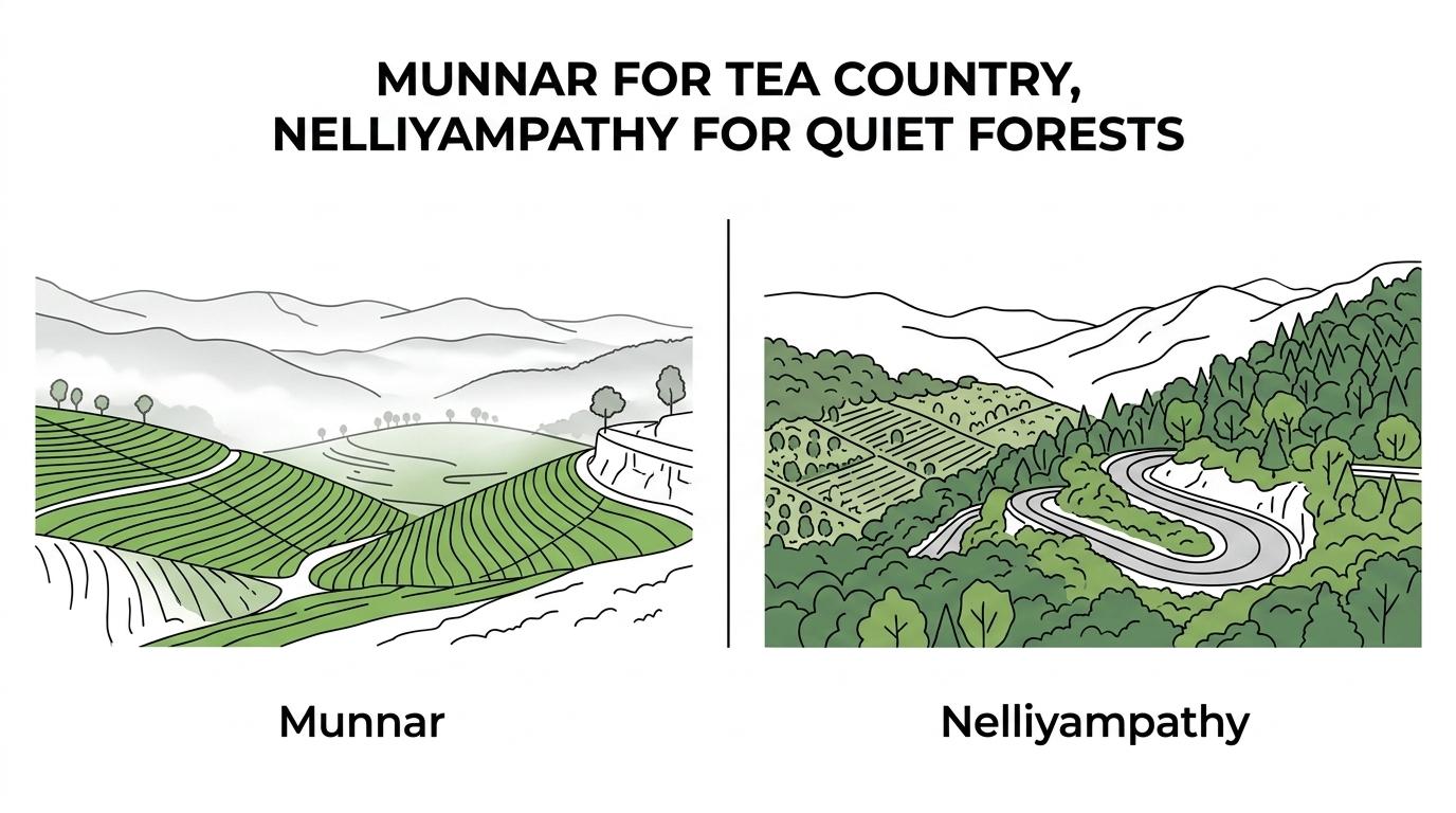 Side-by-side view of Munnar’s sweeping tea-covered mountains and Nelliyampathy’s quieter forested plantation hills.