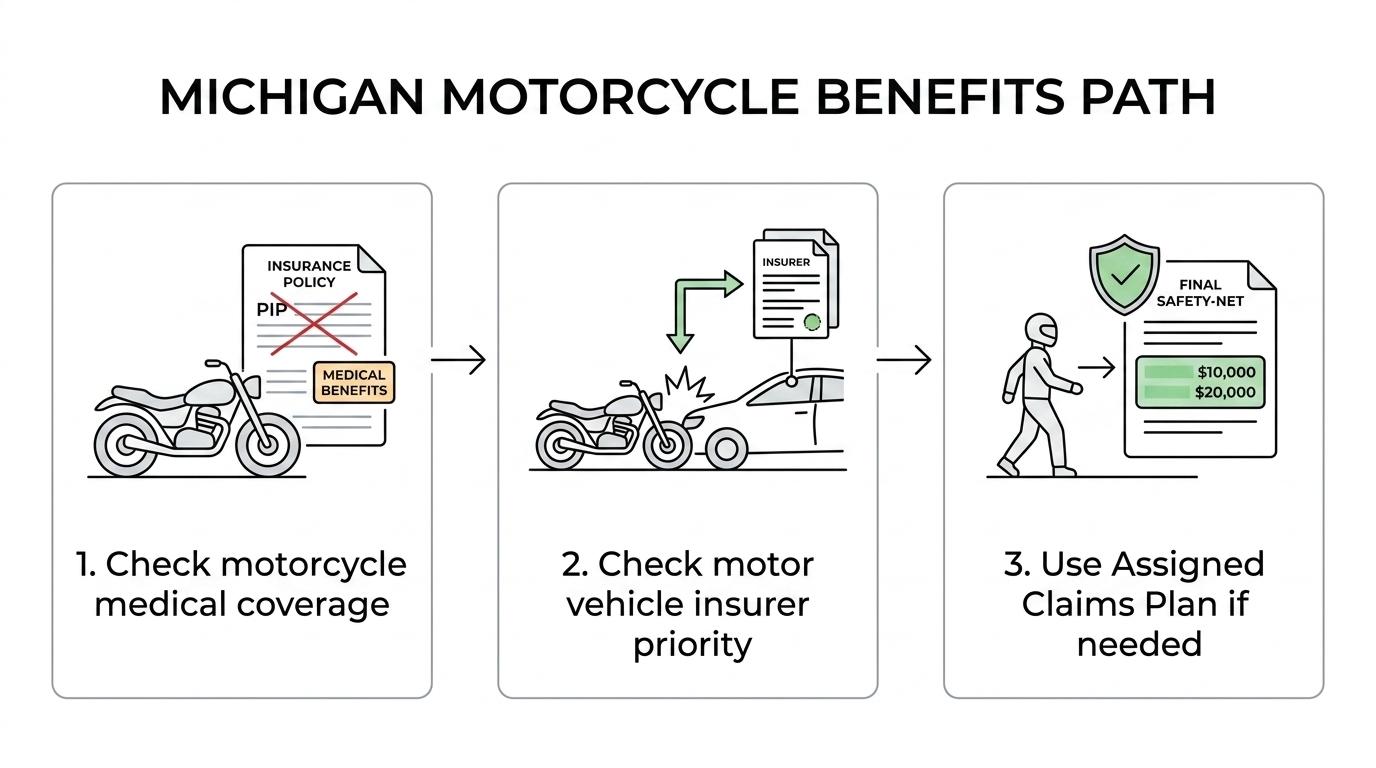 Flowchart showing a Michigan motorcycle crash claim moving from available motorcycle medical coverage to motor-vehicle involvement and insurer priority review, then to possible Assigned Claims Plan benefits.