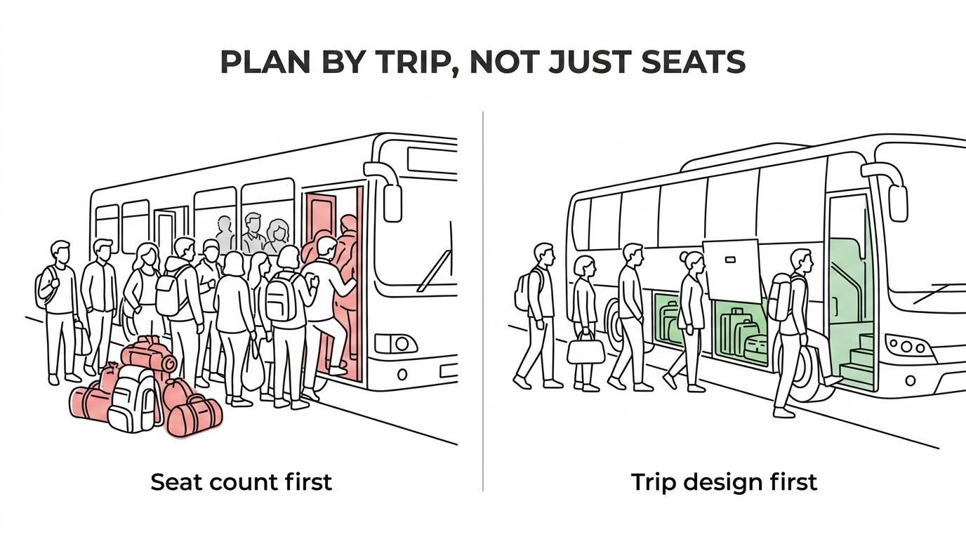 Side-by-side comparison of minibus, motor coach, activity bus, and multiple-vehicle options with typical group sizes, route types, and loading needs.