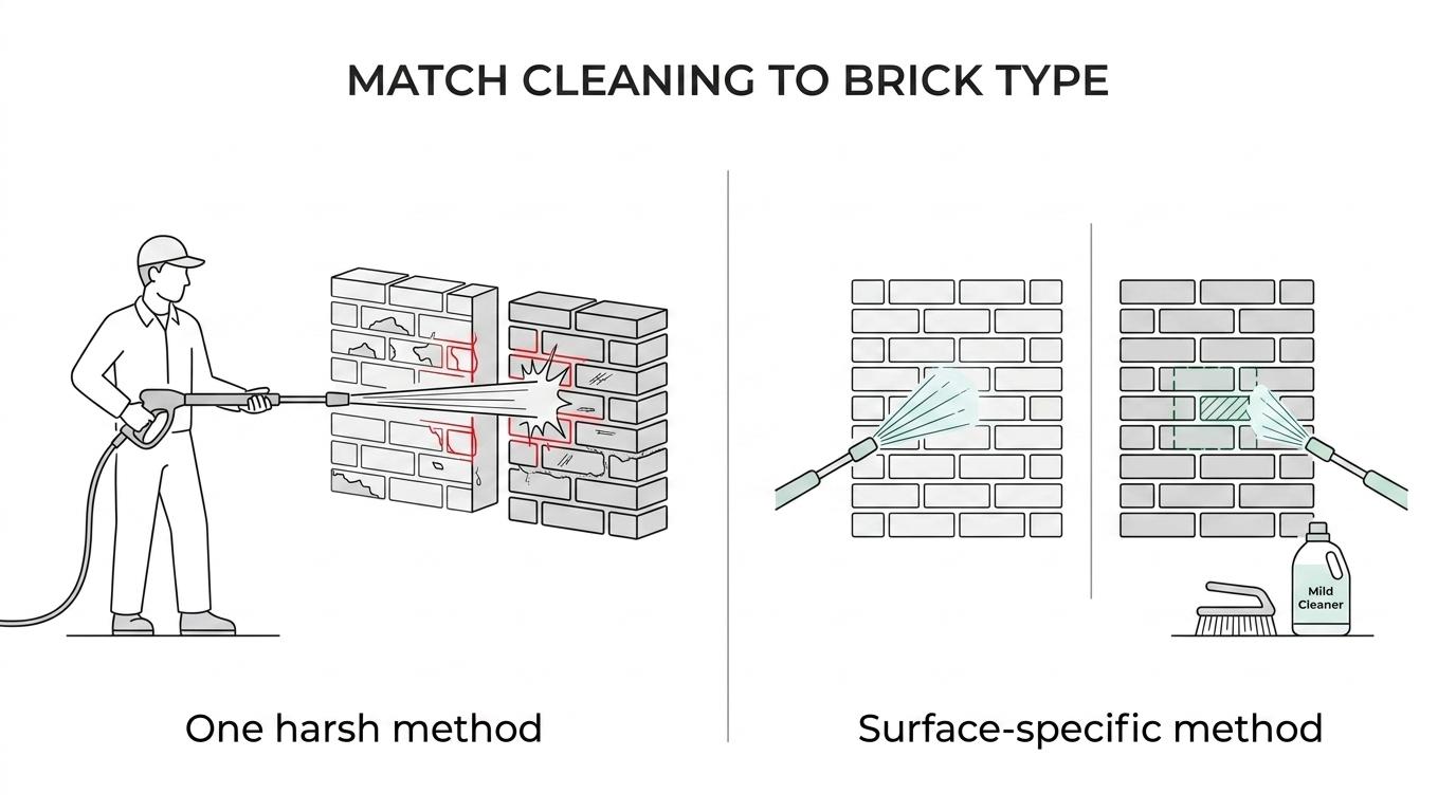 Brick Cleaning Basics for Painted and Unpainted Homes 1 Side-by-side comparison of painted brick, unpainted brick, and older brick with safer cleaning methods and main damage risks.