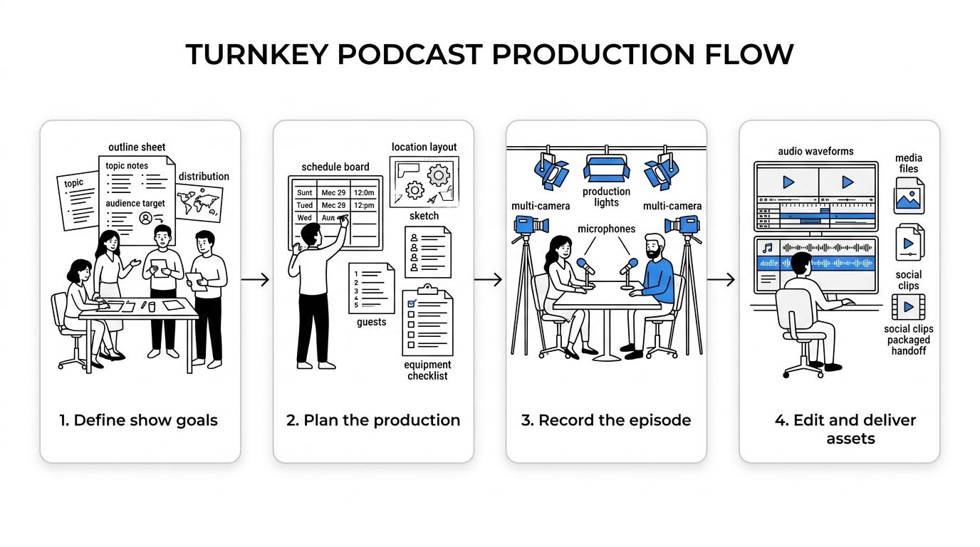 Four-step podcast production workflow showing discovery, pre-production planning, recording with multiple cameras, and editing with final asset delivery.