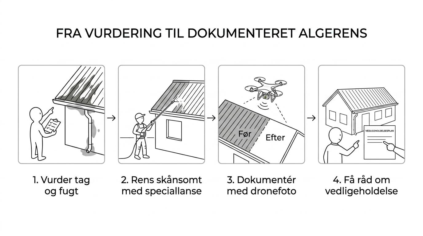 Flowdiagram over algerens af tag med trin for vurdering, skånsom behandling, drone-dokumentation og rådgivning.
