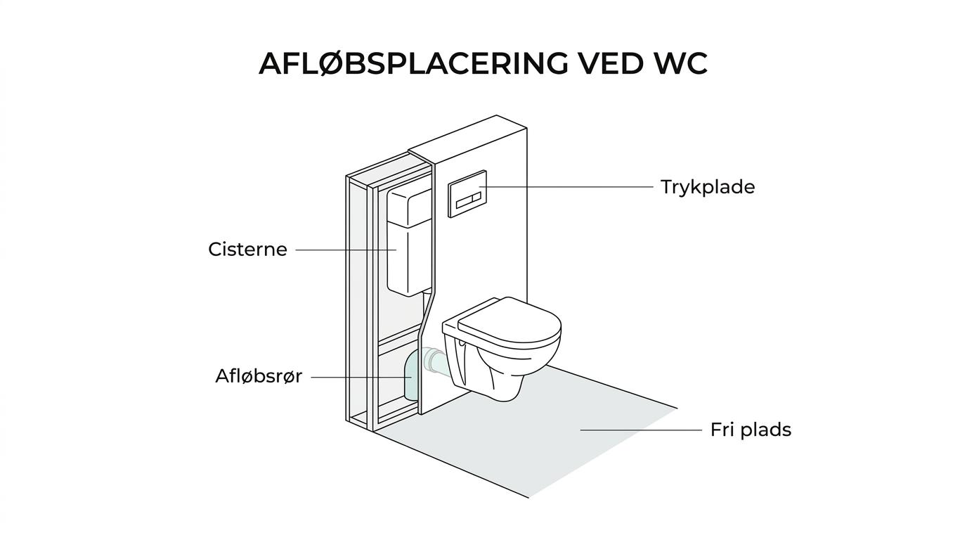 Labeled cutaway of a wall-mounted toilet installation showing concealed cistern, drain connection, wall build-up, service access, and required clearances around the toilet.