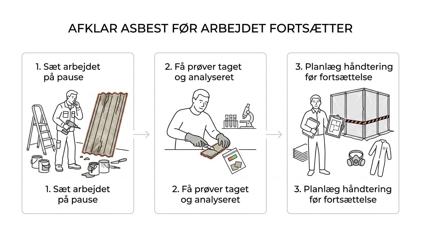 Flowdiagram over asbestafklaring fra mistanke og prøvetagning til laboratoriesvar, dokumentation og beslutning om videre arbejde.