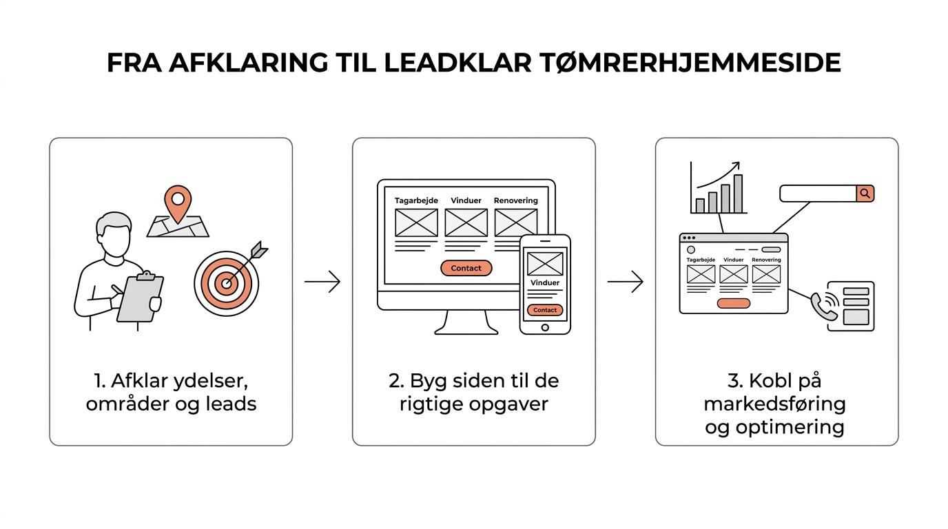 En enkel tretrinsproces for, hvordan Vækster bygger og lancerer en leadgenererende hjemmeside til en tømrer.