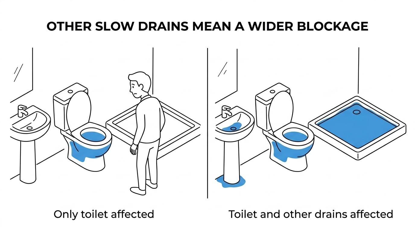 Side-by-side comparison showing signs of a local toilet blockage on one side and a wider drain problem on the other, including one affected toilet versus multiple slow fixtures and outside overflow.