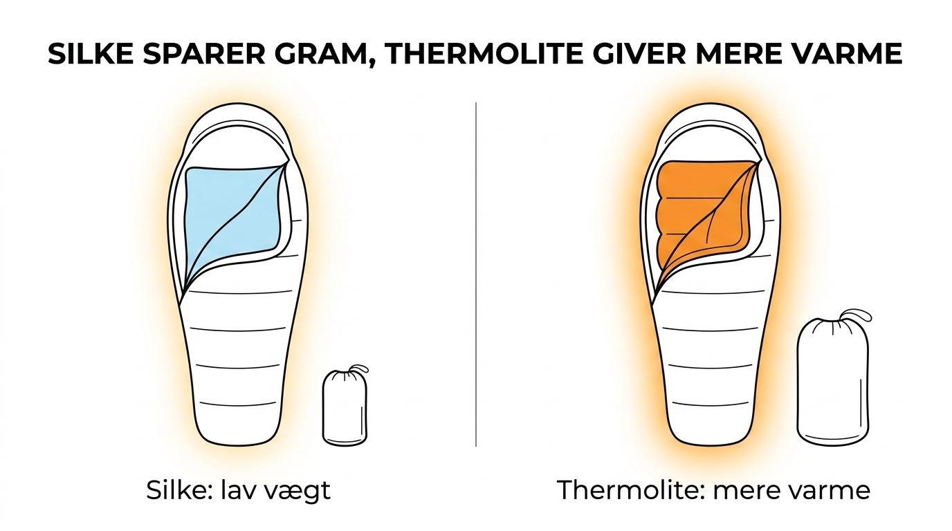 Sammenligning side om side af en silke-lagenpose og en Thermolite-lagenpose med forskelle i vægt, varme, tørretid og typiske turforhold.