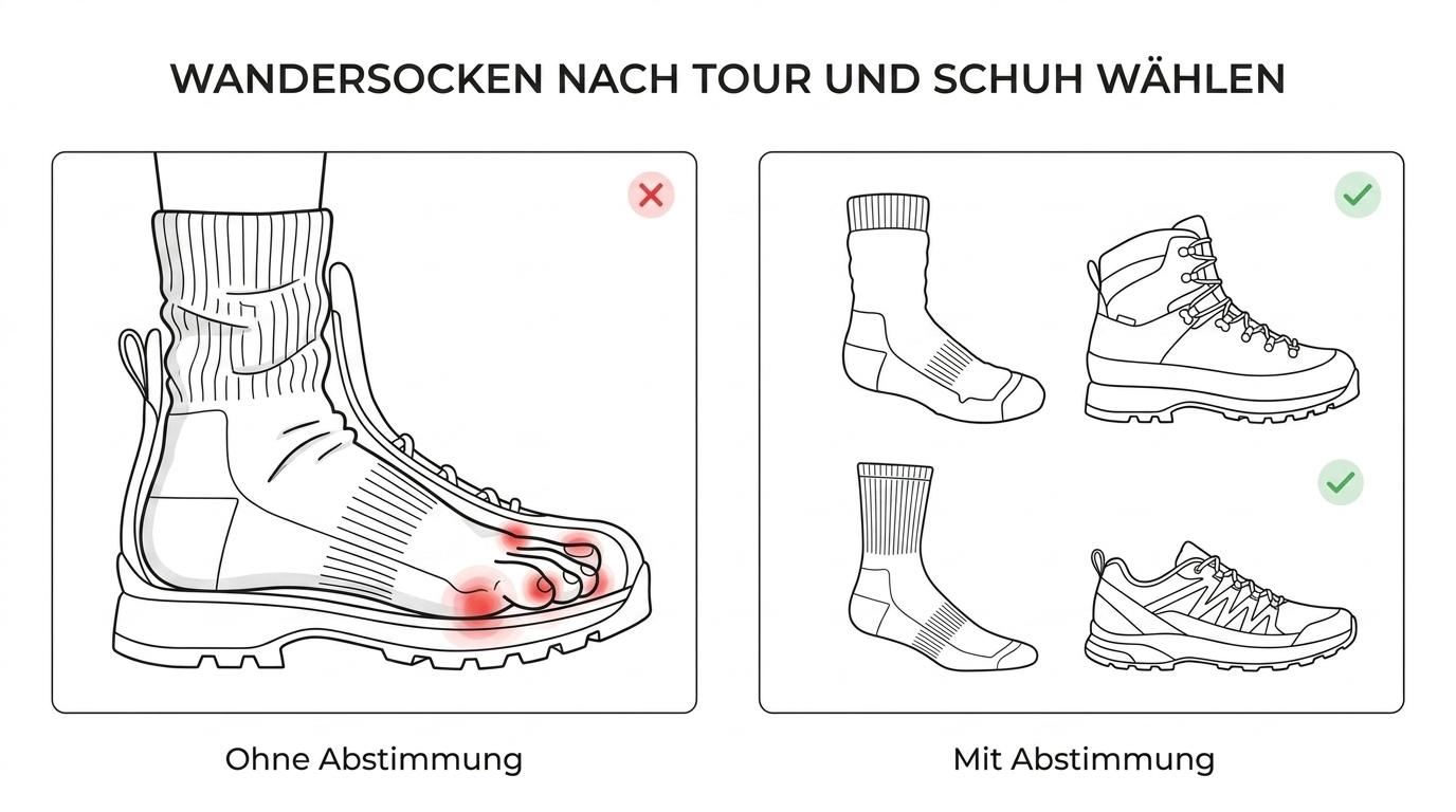 Gegenüberstellung von drei Herren-Wandersocken-Typen: dicke Thermo-Wandersocken, Trekkingsocken mit hohem Merino-Anteil und dünnere Merino-Socken mit passenden Einsatzbereichen.