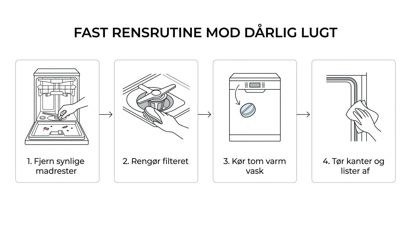 Trinvis rengøring af opvaskemaskine: fjern madrester, rens filter, kør tom varm vask med tablet, og tør kanter af.