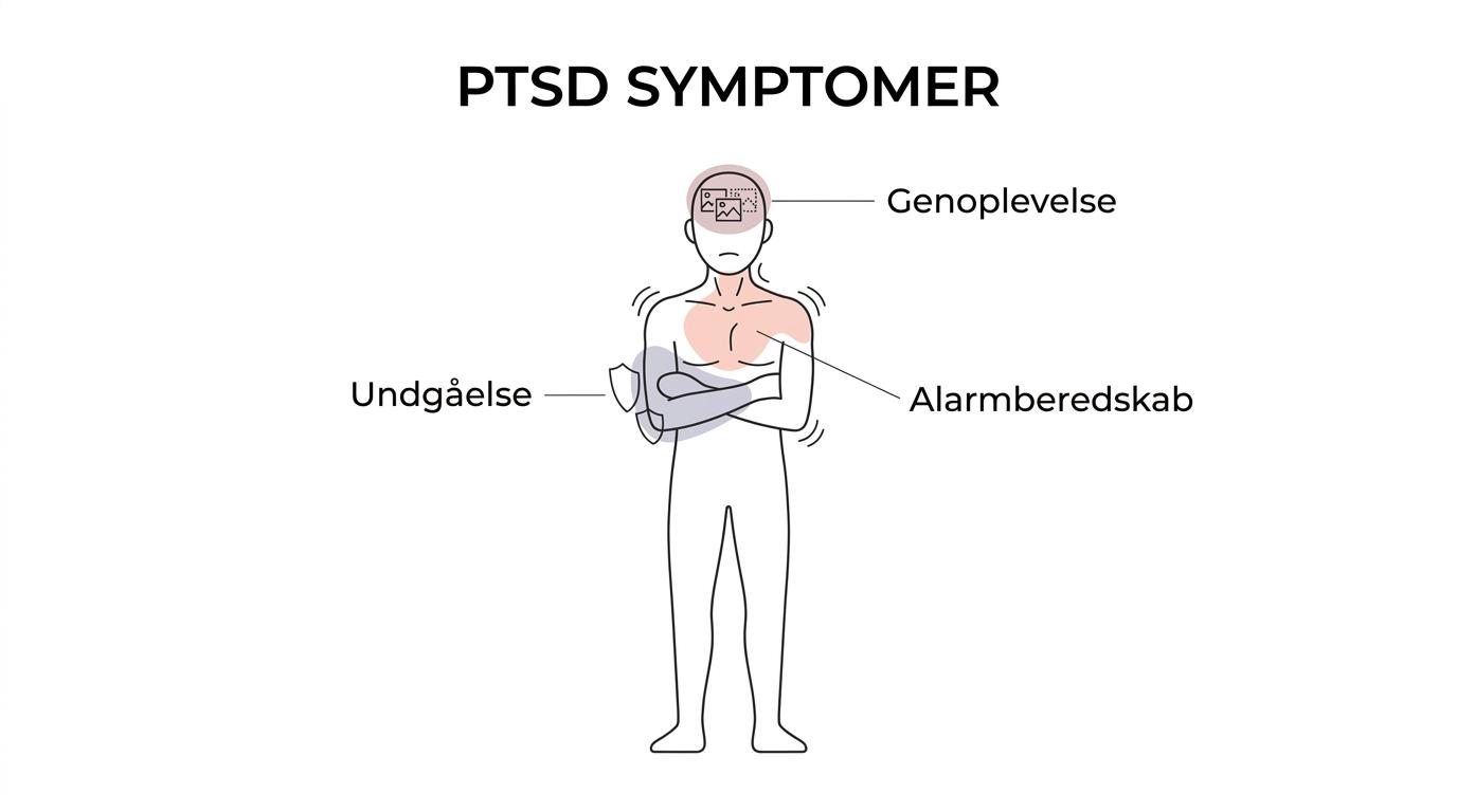 Diagram, der viser PTSD i midten med forbundne felter for genoplevelse, undgåelse, hyperarousal og påvirkning af humør og relationer.