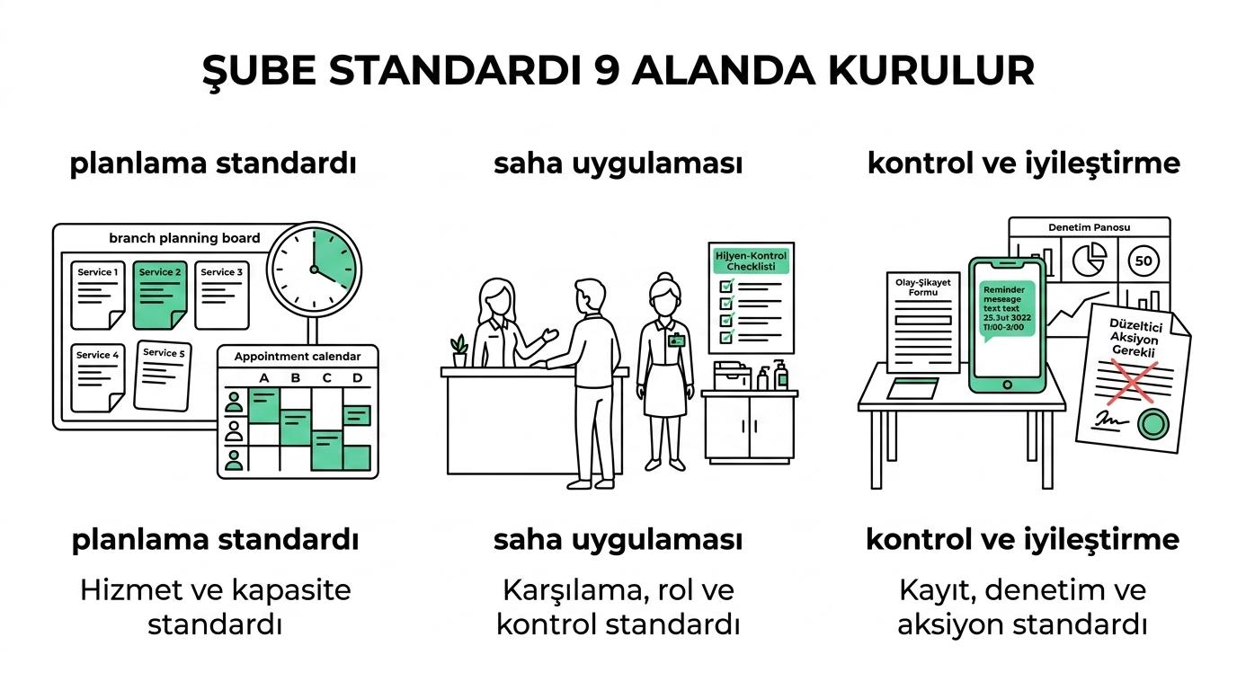 Şube yönetimi için dokuz operasyon standardını özetleyen kutucuklar.