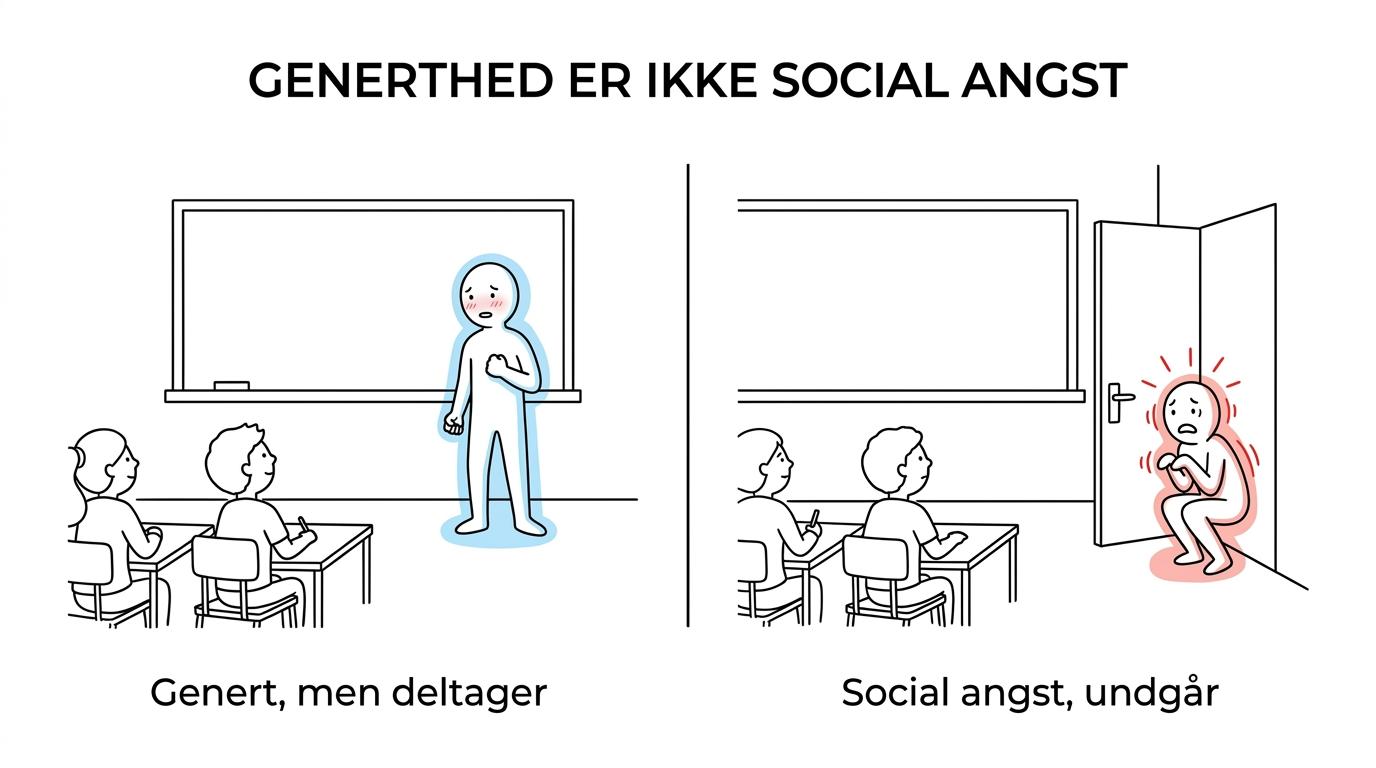 5 forskelle på generthed og social angst hos unge 1 Sammenligning af generthed og social angst hos unge med forskelle i intensitet, varighed, undgåelse, kropslige symptomer og påvirkning af hverdagen.