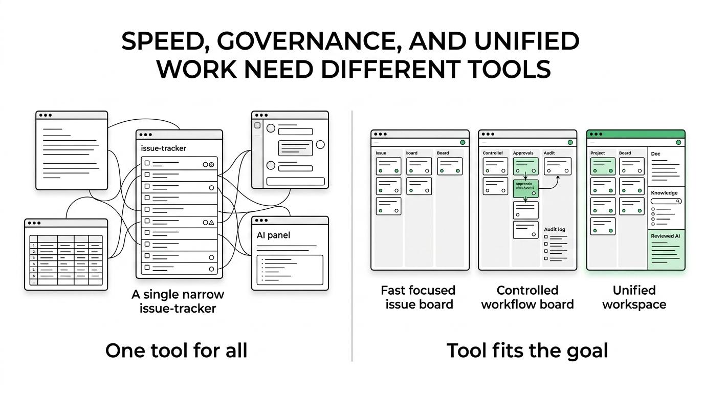 Side-by-side comparison of TOW, Jira, and Linear across unified docs, governance, AI, and engineering speed.
