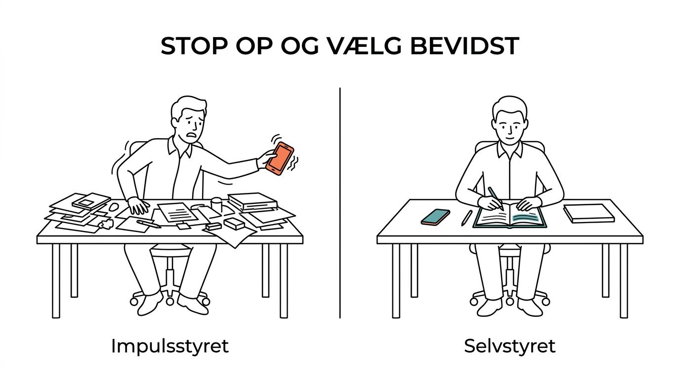 Sammenligning mellem en mentalt overbelastet hverdag med overtænkning og en mere rolig, selvstyret hverdag med fokus og tydelige grænser.