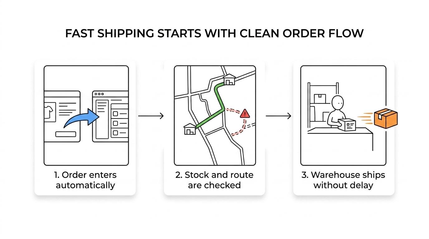 Diagram showing an order moving from checkout through validation, inventory check, routing, warehouse release, and exception alerts.