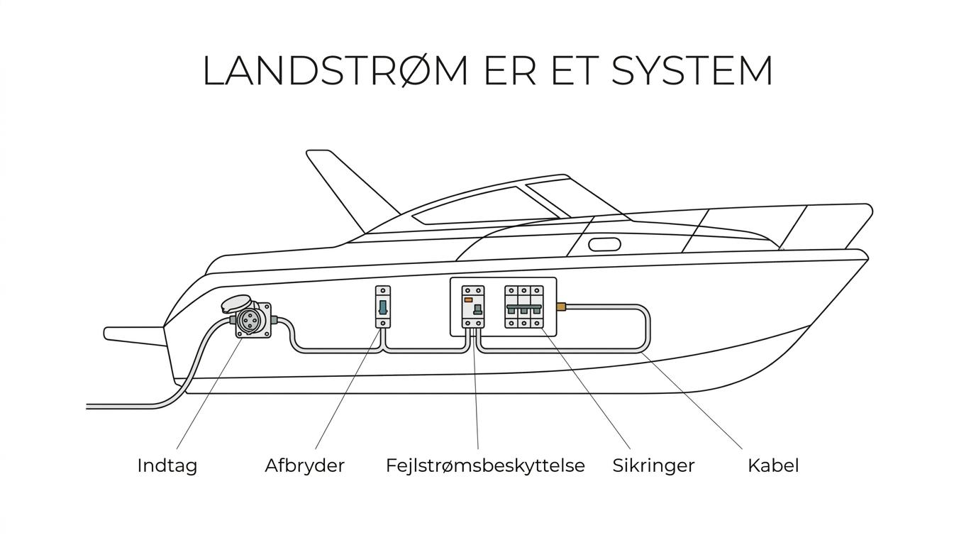 Diagram af en båds landstrømsanlæg med indtag, afbryder, fejlstrømsbeskyttelse, sikringer, kabel og tilsluttede forbrugere.